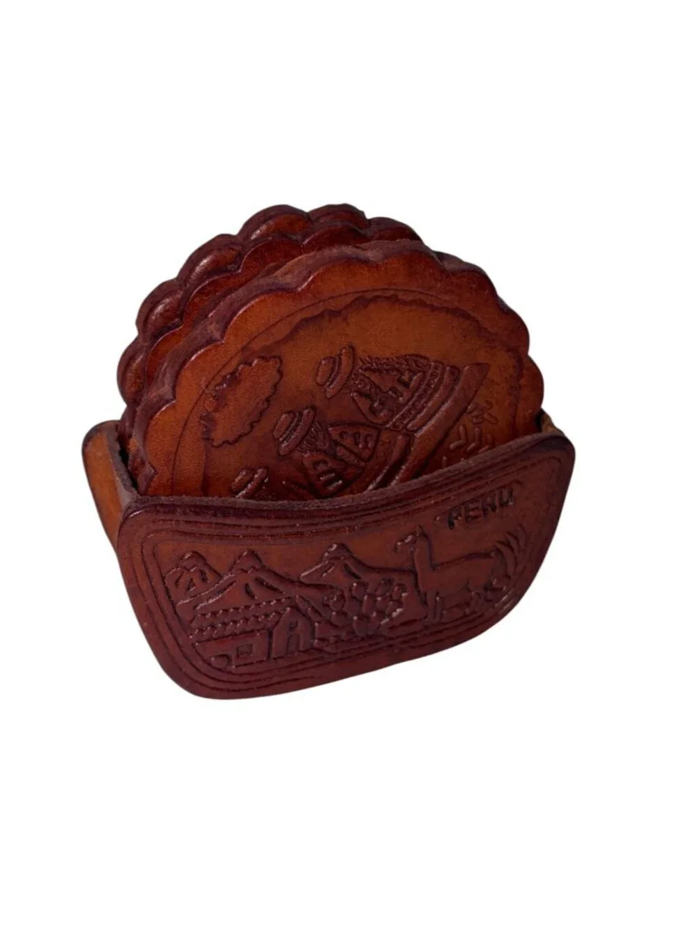 Vintage Peruvian Tooled Leather Coaster Set w/ Holder – Set of 6 Brown Stamped